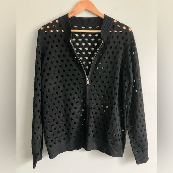 Sweaters - UNBRANDED Black Open Knit Zipper Front Crewneck Sweater Size XS (Like a S-M)
